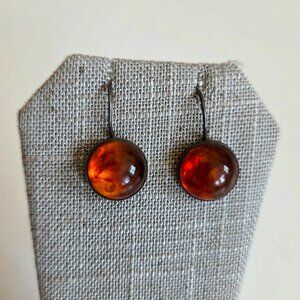 Vintage Sterling Silver Amber Cabochon Round Drop Earrings Signed JB Sterling.